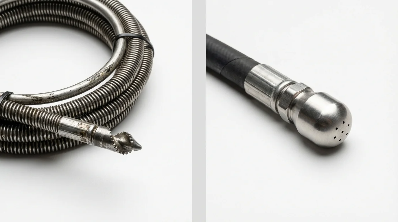 Drain snake cable and hydro jetting nozzle used for drain cleaning in Hackensack, NJ