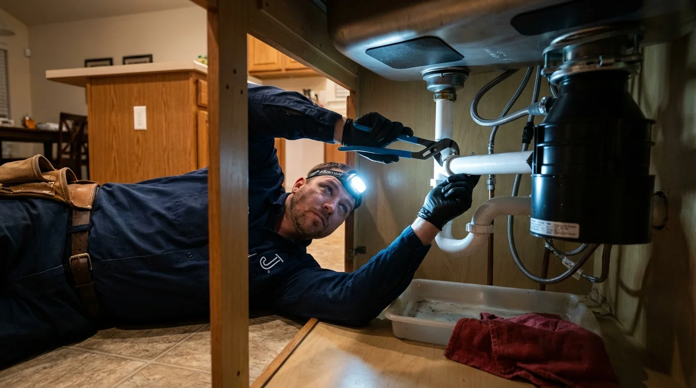 P-trap and supply line connections under a kitchen sink showing a common leak point in Hackensack, NJ